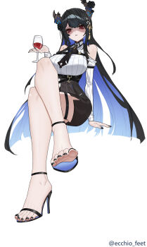 1girl absurdres alcohol black_hair blush crossed_legs cup drinking_glass ecchi-o feet highres hololive horns long_hair looking_at_viewer miniskirt multicolored_hair nerissa_ravencroft parted_lips red_eyes sandals skirt soles toes two-tone_hair wine wine_glass