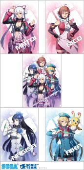 4girls akikazu_mizuno animal bare_shoulders beret bird black_hair blonde_hair blue_eyes breasts cleavage conductor_baton dress earrings elbow_gloves eyepatch flower glasses gloves green_eyes green_hair hair_flower hair_ornament hands_on_own_hips hat highres holding holding_weapon innocent_cluster jewelry large_breasts logo long_hair looking_at_viewer matoi_(pso2) medium_breasts mole multicolored_hair multiple_girls nagisa_(phantasy_star) open_mouth original phantasy_star phantasy_star_online_2 phantasy_star_online_2_the_animation phantasy_star_portable_2 phantasy_star_portable_2_infinity pointy_ears rappy red_eyes red_hair red_ring_rico sega short_hair silver_hair smile summoner_(pso2) suzuki_aika thighhighs twintails weapon zettai_ryouiki