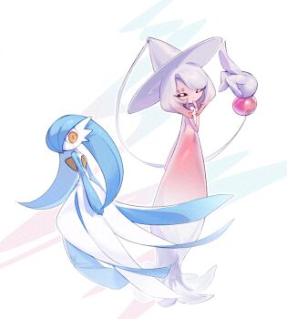 2girls adversarial_noise alternate_color alternate_hair_length alternate_hairstyle artist_name black_sclera blue_hair blue_skin blush closed_mouth colored_sclera colored_skin female_focus from_behind full_body gardevoir gen_3_pokemon gen_8_pokemon grey_hat hair_over_one_eye half-closed_eyes hand_to_own_mouth hand_up hat hatterene light_blush long_hair looking_at_viewer looking_back multicolored_skin multiple_girls nintendo one_eye_covered orange_eyes pink_skin pokemon pokemon_(creature) prehensile_hair shiny_pokemon sidelocks signature slit_pupils sok_(mr14_c) standing swept_bangs twitter_username two-tone_skin very_long_hair white_background white_eyes white_skin witch_hat