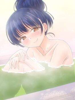 Rule 34 | 1girl, bare arms, bare legs, bare shoulders, bath, bathing, bathtub, birthmark, blue hair, blush, boku no kokoro no yabai yatsu, closed mouth, collarbone, commentary request, completely nude, hair up, half-closed eyes, hands on own knees, leaning forward, nude, oekaki lemon, sitting, smile, solo, steam, yamada anna, yellow eyes
