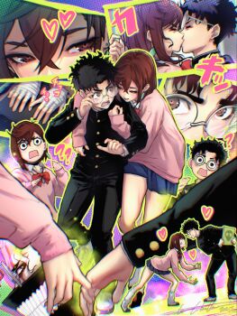 1boy 1girl ? ?? adjusting_eyewear angry ayase_momo bandaged_hand bandages bent_over black_hair black_jacket black_pants blue_skirt blush bob_cut book border bow bowtie brown_eyes brown_hair collared_shirt commentary couple crossed_bangs curled_fingers dandadan dress_shirt earrings english_commentary face-to-face fighting from_side gakuran glasses halftone halftone_background heart highres holding holding_book holding_hands hug hug_from_behind jacket jewelry kiss kneehighs leaning_forward long_sleeves loose_socks medium_hair messy_hair multiple_views outline pants pendant_earring pink_sweater pleated_skirt rectangular_mouth red_bow red_bowtie rimless_eyewear round_eyewear school_uniform screentones shirt shoes shouting side-by-side skirt sleeves_past_wrists sneakers socks surprised sweater takakura_ken_(dandadan) takakura_ken_(transformed)_(dandadan) teeth_print_mask thick_eyebrows toni_caballero uwabaki v-shaped_eyebrows wavy_hair white_hair white_shirt white_shoes white_socks yellow_border yellow_outline