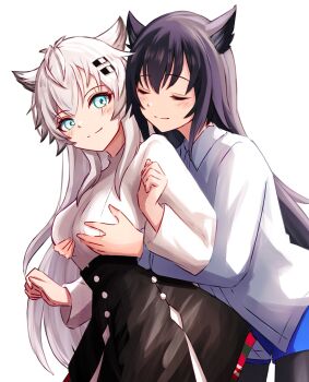 2girls animal_ears aqua_eyes arknights behind_another black_hair blush breasts closed_eyes closed_mouth commentary_request grabbing_another&#039;s_breast grabbing_from_behind groping hair_ornament hairclip highres lappland_(arknights) long_hair long_sleeves medium_breasts multiple_girls partial_commentary revision scar scar_across_eye scar_on_face shirt simple_background smile split_mouth texas_(arknights) white_background white_hair white_shirt wolf_ears wolf_girl yoi_(a27963244) yuri