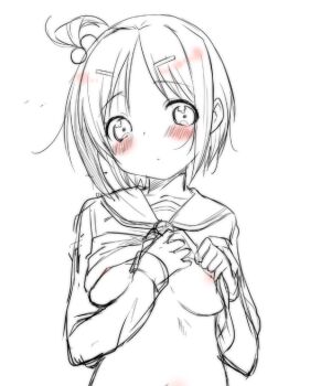 Rule 34 | 1girl, areola slip, blush, breasts, clothes lift, corpse party, female focus, hair bobbles, hair ornament, hairpin, monochrome, no bra, osomatsu (nanameno), school uniform, shirt lift, short hair, sketch, solo, suzumoto mayu, underboob