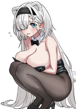 Rule 34 | 1girl, alternate costume, animal ears, arknights, arm under breasts, aurora (arknights), bare shoulders, bear ears, bear girl, bear tail, black bow, black bowtie, black hairband, black leotard, black pantyhose, black shoes, blue eyes, blush, bow, bowtie, breasts, cleavage, commentary, detached collar, embarrassed, eyes visible through hair, flying sweatdrops, full body, furrowed brow, grey hair, hair ornament, hair over one eye, hairband, hairclip, high heels, highres, knees to chest, large breasts, leotard, long hair, looking at viewer, midori10, open mouth, pantyhose, playboy bunny, shoes, simple background, solo, squatting, strapless, strapless leotard, tail, traditional bowtie, very long hair, white background