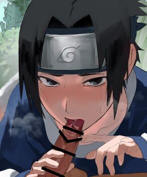 2boys bar_censor black_eyes black_hair blush censored fellatio headband konohagakure_symbol looking_at_viewer male_focus multiple_boys naruto_(classic) naruto_(series) oral pov shota smegma sweatdrop tagme tears uchiha_sasuke yaoi yururu_zu00