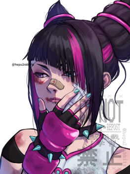 1girl artist_name bandaid bandaid_on_face bandaid_on_nose black_collar black_hair bleeding blood blood_on_face blue_eyes closed_mouth collar commentary diagonal_bangs gloves hair_horns han_juri hepu2rabbits_(epuusa) heterochromia highres light_smile medium_hair multicolored_hair nosebleed pink_hair pink_lips purple_eyes ryona solo spiked_collar spiked_gloves spikes streaked_hair street_fighter street_fighter_6 twitter_username upper_body watermark watermark_grid white_background