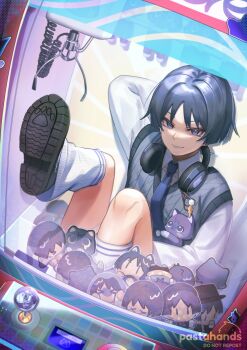 Rule 34 | 1boy, alternate costume, animalization, arm behind head, artist name, black hair, black necktie, black shoes, blunt ends, bright pupils, cable knit, cat, character doll, collared shirt, commentary, crane game, doll, english commentary, eyeliner, eyeshadow, genshin impact, grey eyes, grey sweater vest, highres, in crane game, long sleeves, looking at viewer, loose socks, makeup, male focus, necktie, parted lips, pastahands, person and animalization, purple cat, purple trim, red eyeliner, red eyeshadow, ribbed socks, scaramouche (cat) (genshin impact), scaramouche (genshin impact), school uniform, shirt, shoe soles, shoes, sitting, smirk, socks, solo, sweater vest, tsurime, undershirt, white mouth, white pupils, white shirt, white sleeves, white socks, wispy bangs