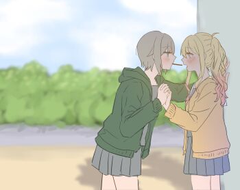 2girls blonde_hair blurry blurry_background blush brown_cardigan cardigan commentary_request day eye_contact food forever_saki_ln green_eyes green_hoodie grey_hair grey_serafuku grey_shirt grey_skirt highres hinomori_shiho holding_hands hood hoodie interlocked_fingers korean_commentary looking_at_another multiple_girls outdoors pink_hair pleated_skirt pocky pocky_day pocky_kiss project_sekai school_uniform serafuku shared_food shirt short_hair skirt tenma_saki twintails yuri