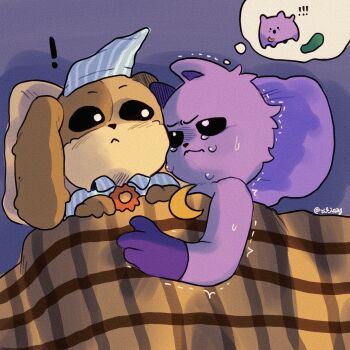 ! !! 2boys :&lt; animal_ears bed black_sclera cat_boy cat_ears cat_tail catnap_(poppy_playtime) colored_sclera commentary_request crying crying_with_eyes_open cucumber dark_orange_fur dark_purple_fur dog_boy dog_ears dog_tail dogday_(poppy_playtime) hat head_on_pillow highres jewelry light_blush looking_at_another looking_to_the_side lying male_focus moon moon_(ornament) moon_necklace multicolored_fur multiple_boys necklace nightmare on_back on_side orange_fur pajamas pillow poppy_playtime purple_fur bed_sheet smiling_critters speech_bubble sun_(ornament) sun_necklace sun_symbol sweat tagme tail tears thought_bubble trembling white_eyes