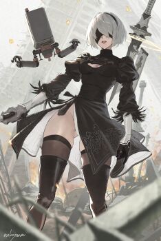 1girl 2b_(nier:automata) artist_name ass black_dress black_gloves black_hairband black_thighhighs blindfold boots breasts city cleavage cleavage_cutout clothing_cutout commentary_request covered_eyes day dress drone dutch_angle embers feather-trimmed_sleeves feather_trim feet_out_of_frame fire gloves gluteal_fold hairband highleg highleg_leotard highres holding holding_sword holding_weapon juliet_sleeves katana leotard leotard_peek leotard_under_clothes lips long_sleeves mole mole_under_mouth nekoyana nier:automata nier_(series) outdoors parted_lips pod_(nier:automata) puffy_sleeves robot ruins short_hair side_slit signature skindentation solo standing sword thighhighs thighhighs_under_boots thong_leotard virtuous_contract virtuous_treaty weapon white_hair white_leotard