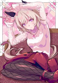 1girl animal_ears arms_up black_pantyhose blush border closed_mouth commentary_request couch curren_chan_(casual)_(umamusume) curren_chan_(umamusume) ear_covers fishnet_pantyhose fishnets grey_hair grey_tail heart heart_necklace highres horse_ears horse_girl horse_tail jewelry kan_lee long_sleeves looking_at_viewer necklace on_couch outside_border pantyhose purple_eyes red_shoes red_skirt see-through_clothes see-through_sleeves shoes sitting skirt smile solo tail umamusume white_border yokozuwari