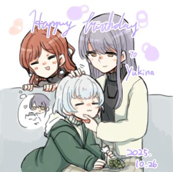 3girls :3 bang_dream! bang_dream!_it&#039;s_mygo!!!!! brown_eyes brown_hair closed_eyes closed_mouth commentary_request green_jacket grey_hair happy_birthday headpat highres imai_lisa jacket kaname_raana long_hair minato_yukina multiple_girls open_mouth raana_the_cat rubbing satoshi_(peso727) smile white_jacket