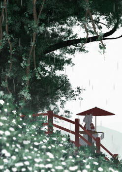 Rule 34 | 1girl, absurdres, animal ears, commentary request, detached sleeves, flower, flower request, from behind, grey hair, grey sky, hat, highres, holding, holding umbrella, inubashiri momiji, oil-paper umbrella, oubachiago, outdoors, procreate (medium), rain, red hat, red umbrella, scenery, sheath, sheathed, short hair, sky, solo, sword, tail, tokin hat, touhou, tree, umbrella, weapon, white flower, wolf ears, wolf girl, wolf tail