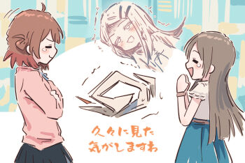 Rule 34 | 3girls, anatomical nonsense, aqua skirt, black skirt, blue ribbon, blunt ends, brown hair, cardigan, closed eyes, colored tips, commentary request, gakuen idolmaster, grey hair, hair ornament, hairpin, hanami ume, hatsuboshi gakuen school uniform, idolmaster, kuramoto china, long hair, long sleeves, medium hair, multicolored hair, multiple girls, neck ribbon, parted bangs, pink cardigan, red hair, ribbon, school uniform, shinosawa hiro, shirt, short sleeves, sidelocks, skirt, tearing up, trembling, two-tone hair, white shirt, yukitake (xuserpost)