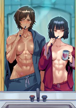 Rule 34 | 2girls, abs, bathroom, black hair, blurry, blurry background, blush, bob cut, breasts, brown eyes, brown hair, brushing teeth, collarbone, commentary, convenient censoring, cup, dark-skinned female, dark skin, female pubic hair, heart, highres, holding, holding cup, holding toothbrush, limbus company, long sleeves, medium breasts, messy hair, mirror, mug, multiple girls, muscular, muscular female, navel, open clothes, open shirt, outis (project moon), pajamas, project moon, pubic hair, red eyes, reflection, reflection focus, ryoshu (project moon), scar, scar on chest, scar on hand, scar on shoulder, scar on stomach, short hair, small breasts, toned, toned female, toothbrush, toothbrush in mouth, tresmarrow, yellow eyes