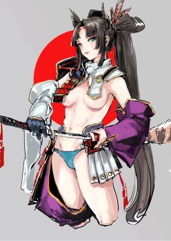 1girl aqua_panties armor asymmetrical_clothes asymmetrical_sleeves bare_shoulders bikini bikini_bottom_only black_gloves black_hair black_hat blue_eyes blue_panties breast_curtains breasts commentary_request cropped_legs detached_sleeves drawing_sword fate/grand_order fate_(series) feathers gauntlets gloves hair_ornament hat highres holding holding_sheath holding_sword holding_weapon japanese_armor katana kusazuri linea_alba medium_breasts mismatched_sleeves navel osakana_(denpa_yun'yun) panties pom_pom_(clothes) ponytail purple_sleeves red_lips revealing_clothes revision sheath shoulder_armor showgirl_skirt single_glove single_pantsleg single_sode sode solo stomach swimsuit sword tassel tate_eboshi toned toned_female underboob underwear unsheathing ushiwakamaru_(fate) ushiwakamaru_(second_ascension)_(fate) weapon white_sleeves