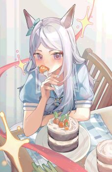 1girl animal_ears aqua_bow blush bow bowtie cake carrot commentary_request ear_bow ear_ribbon eating food food_in_mouth fork highres holding holding_fork horse_ears horse_girl long_hair looking_at_viewer mejiro_mcqueen_(umamusume) puffy_short_sleeves puffy_sleeves purple_bow purple_bowtie purple_eyes purple_hair purple_shirt sailor_collar sailor_shirt school_uniform shirt short_sleeves sitting skirt solo table tracen_school_uniform umamusume white_sailor_collar white_skirt xoaiu