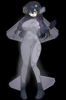 1girl absurdres aircraft airplane black_background black_hair bodysuit breasts commentary_request covered_navel fighter_jet flag gloves glowing glowing_bodysuit glowing_eyes green_eyes grey_bodysuit grin headgear highres jacket large_breasts mecha_musume military_vehicle open_clothes open_jacket original pckcool people's_liberation_army_navy_air_force personification shenyang_j-35 simple_background smile solo