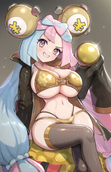 1girl alternate_costume bikini black_jacket blue_hair blush bow-shaped_hair breasts character_hair_ornament fake_hair_bun full_body gold_bikini gonzarez hair_ornament highres iono_(pokemon) jacket large_breasts long_hair long_sleeves looking_at_viewer multicolored_hair nintendo nugget_(pokemon) open_clothes open_jacket pink_hair pokemon pokemon_scarlet_and_violet sharp_teeth simple_background sleeves_past_fingers sleeves_past_wrists smile solo split-color_hair swimsuit teeth thighhighs two-tone_hair white_background