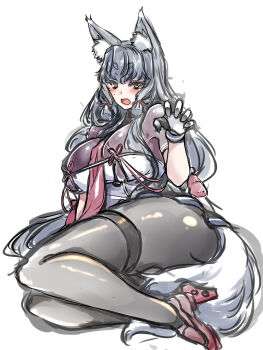 aged_up alternate_breast_size_(larger) animal_ear_fluff animal_ears blush breasts claw_pose commentary_request fangs full_body grey_hair hair_ribbon hakkai high_heels highres kantai_collection large_breasts long_hair looking_at_viewer murakumo_(kancolle) murakumo_kai_ni_(kancolle) open_mouth orange_eyes pantyhose ribbon rudder_footwear sidelocks sketch tail thick_eyebrows thighband_pantyhose tress_ribbon undershirt very_long_hair