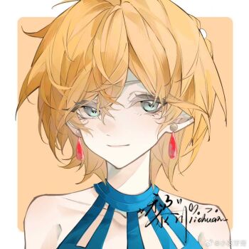 1girl artist_request bare_shoulders blue_dress blue_eyes closed_mouth collarbone colored_eyelashes crystal_earrings dress earrings eyelashes gem hair_between_eyes jewelry light_blush light_smile looking_at_viewer misty_(pokemon) misty_(sygna_suit)_(pokemon) nintendo orange_hair pointy_ears pokemon pokemon_masters_ex red_gemstone short_hair sleeveless sleeveless_dress smile solo source_request striped_clothes upper_body