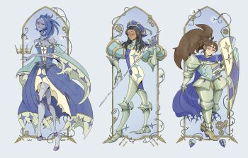 3girls absurdres andrea_(knights_of_guinevere) armor cape crown dress faithschaffer francesca_(knights_of_guinevere) highres holding holding_shield humanoid_robot knights_of_guinevere multiple_girls official_art ponytail princess_guinevere robot robot_girl shield standing sword weapon