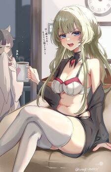 2girls black_collar black_hair black_shirt black_shorts blue_eyes bra breasts brown_hair chuuna_(unagiunazy) cleavage clock closed_eyes collar columbina_(genshin_impact) commentary_request crossed_legs cup detached_collar genshin_impact highres holding holding_cup long_hair long_sleeves looking_at_viewer medium_breasts mug multiple_girls navel open_clothes open_mouth open_shirt sandrone_(genshin_impact) shirt shorts single_bare_shoulder single_off_shoulder solo_focus thighhighs underwear white_bra white_thighhighs