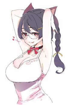 1girl :q adjusting_hair animal_ears armpits arms_up azuma_sawayoshi black_choker black_hair bow bow_choker braid breasts brown_eyes cat_ears cat_girl choker cleavage glasses hair_ornament hair_ribbon hairclip hanekawa_tsubasa highres large_breasts looking_at_viewer monogatari_(series) musical_note red_bow ribbon solo tank_top tongue tongue_out