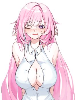 Rule 34 | 1girl, absurdres, alternate costume, blush, breasts, cleavage, commentary, cyrene (demiurge) (honkai: star rail), cyrene (honkai: star rail), diamond-shaped pupils, diamond (shape), dress, english commentary, highres, honkai: star rail, honkai (series), long hair, maengkkong-i, medium hair, one eye closed, parted lips, pink hair, pointy ears, purple eyes, simple background, solo, symbol-shaped pupils, very long hair, white background, white dress