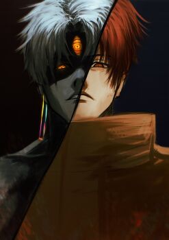 1boy absurdres alternate_form crain1art dandadan earrings evil_eye_(dandadan) grey_hair highres jacket jewelry enjoji_jin looking_at_viewer male_focus orange_eyes orange_jacket red_eyes red_hair ringed_eyes short_hair split_screen split_theme