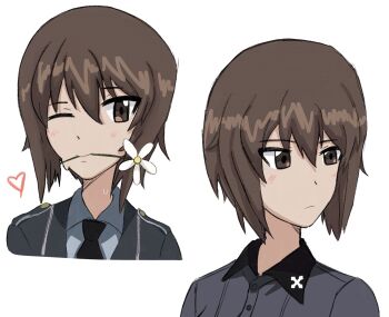 1girl ;) black_collar black_necktie brown_eyes brown_hair collar cross dress_shirt flower flower_on_mouth girls_und_panzer grey_shirt highres iron_cross kuromorimine_school_uniform long_sleeves looking_at_viewer looking_to_the_side military military_uniform necktie niedersachsen_military_uniform nishizumi_maho one_eye_closed school_uniform shirt sillynerpa simple_background smile solo upper_body white_background wing_collar