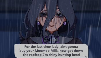 1girl bags_under_eyes black_dress black_eyes black_hair blurry blurry_background chainsaw_man commentary dress earrings empty_eyes english_commentary english_text eyelashes hair_between_eyes half-closed_eyes heads-up_display hex_maniac_(pokemon) hex_maniac_(pokemon_legends:_z-a) highres jewelry large_earrings long_hair long_sleeves looking_at_viewer makeup neck_ribbon nintendo outdoors overcast pokemon pokemon_legends:_z-a puffy_sleeves purple_ribbon rain red_lips reze&#039;s_eye_twitch_(chainsaw_man) ribbon romulproduce runny_makeup sky solo sphere_earrings user_interface wet wet_hair