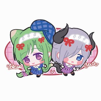 Rule 34 | 2girls, animal ears, assault lily, black horns, black shoes, blue dress, blue hat, blush, brown socks, cat ears, cat girl, cat tail, character name, chibi, closed mouth, commentary, demon horns, dress, frilled hairband, frills, full body, grey background, grey hair, hair over one eye, hair ribbon, hairband, hat, heart, highres, horns, kasa (kasa mayulove), kemonomimi mode, long hair, long sleeves, medium hair, multiple girls, murakami tokiwa, one eye covered, pink background, plaid clothes, plaid dress, plaid hat, purple dress, purple eyes, red ribbon, ribbon, sekino youko, shoes, smile, socks, standing, tail, tails touching, two-tone background, untranslatable commentary, very long hair, white hairband, x mouth