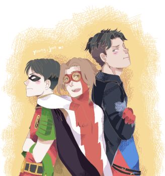3boys back-to-back bart_allen batman_(series) belt black_hair blue_eyes bodysuit brown_hair cape copyright_name crossed_arms dc_comics domino_mask earrings eye_mask flash_(series) gloves image_sample impulse jacket jewelry kon-el male_focus mask multiple_boys pixiv_sample resized robin_(dc) superboy superhero_costume superman_(series) text_focus tim_drake yellow_eyes young_justice