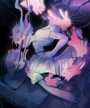 Rule 34 | 2girls, bed, blanket, boxers, clone, closed eyes, eyelashes, feefal, highres, male underwear, multiple girls, original, pajamas, pillow, procreate (medium), rabbit, shirt, short hair, sleeping, surreal, t-shirt, underwear