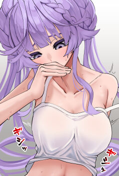 1girl absurdres bare_shoulders breasts collarbone cotan_(actancyaga) cropped_shirt double_bun duel_monster grey_background hair_bun highres long_hair medium_breasts purple_eyes purple_hair selettrice_vaalmonica shirt simple_background solo spaghetti_strap upper_body white_shirt yu-gi-oh!