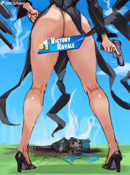 2girls aqua_hair ass ass_focus between_legs black_boots black_dress black_shoes black_skirt black_sleeves blue_sky boots censored censored_by_text clenched_hand cloud commentary crossover detached_sleeves dress english_commentary family_guy_death_pose_(meme) fortnite grass gun handgun hatsune_miku head_out_of_frame high_heels highres holding holding_gun holding_weapon kneepits legs looking_at_another lower_body lying meme multiple_girls no_panties on_side one-punch_man outdoors pleated_skirt rakeemspoon shiny_skin shoes sketch skirt sky smoke stiletto_heels tatsumaki thigh_boots thighs trigger_discipline twintails upskirt view_between_legs vocaloid weapon