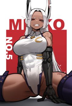 Rule 34 | 1girl, absurdres, animal ears, boku no hero academia, breasts, channyy19, character name, dark-skinned female, dark skin, english text, flexible, gloves, highres, large breasts, leotard, long eyelashes, long hair, looking at viewer, mirko, muscular, muscular female, navel, parted bangs, rabbit ears, rabbit girl, red eyes, scar, scar on face, scar on leg, simple background, solo, split, spread legs, taut leotard, teeth, thick thighs, thighhighs, thighs, toned, toned female, white background, white hair, white leotard