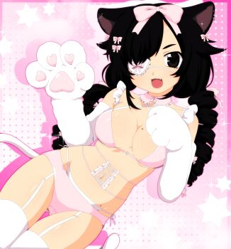 1girl absurdres animal_ear_piercing animal_ears animal_hands bk_(barakoodra) black_hair bow bra drill_hair eyepatch fang gloves hair_bow highres lingerie looking_at_viewer open_mouth original panties paw_gloves pink_panties smile solo thighhighs twin_drills twintails underwear