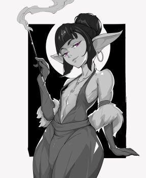 1other absurdres ambiguous_gender black_hair bulge cocktail_dress dress elbow_gloves female_goblin flat_chest flower_velvet gloves goblin hair_bun halterneck highres holding holding_smoking_pipe jewelry light_smile midriff nipple_slip nipples no_bra partially_colored purple_eyes simple_background single_hair_bun smoke smoke_trail smoking_pipe warcraft white_background world_of_warcraft