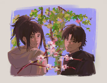 Rule 34 | 1boy, 1girl, black hair, black hoodie, chainsaw man, high ponytail, highres, hood, hoodie, kurose yuutarou, looking at viewer, looking back, medium hair, null (skev7724), parted lips, ponytail, scar, scar on face, scar on nose, short hair, smile, tendou michiko, white hoodie