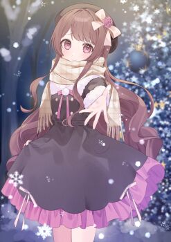 Rule 34 | 1girl, amam fuka (vtuber), bare tree, beret, black dress, black hat, brown hair, brown ribbon, commentary request, commission, dress, feet out of frame, flower, frilled dress, frills, fur-trimmed sleeves, fur collar, fur trim, hair flower, hair ornament, hair ribbon, hat, highres, indie virtual youtuber, long hair, looking at viewer, open hand, pink eyes, pink flower, pink frills, pink ribbon, reaching, reaching towards viewer, ribbon, ruu hh, scarf, second-party source, smile, snowflakes, snowing, solo, tree, virtual youtuber, yellow scarf