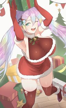 1girl absurdres box breasts christmas christmas_ornaments christmas_tree commentary_request cupitan_(granblue_fantasy) dress elbow_gloves fur-trimmed_dress fur_trim gift gift_box gloves gradient_hair granblue_fantasy highres large_breasts long_hair looking_at_viewer low_twintails merry_christmas multicolored_hair negidesu1105 one_eye_closed open_mouth rainbow_hair red_gloves sack santa_costume santa_dress sideboob smile solo twintails