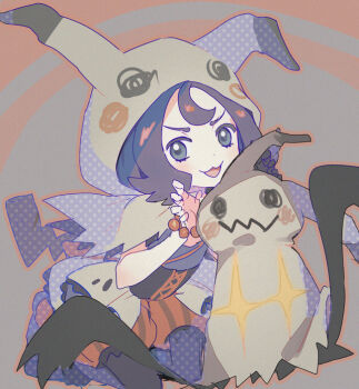 Rule 34 | 1girl, :d, acerola (fall 2020) (pokemon), acerola (pokemon), bead bracelet, beads, black pantyhose, bracelet, capelet, claw pose, commentary request, eyelashes, gen 7 pokemon, gloves, hands up, hood, hood up, hooded capelet, jewelry, kneeling, looking at viewer, mimikyu, mxkjxm (nhss2337), nintendo, official alternate costume, open mouth, orange shorts, pantyhose, pokemon, pokemon (creature), pokemon masters ex, shorts, single glove, smile, striped clothes, striped shorts, vertical-striped clothes, vertical-striped shorts