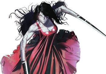 1girl absurdres arm_wrap artist_name bandaged_chest bandaged_head bandages black_hair breasts brown_eyes commentary dress english_commentary genderswap genderswap_(mtf) hand_wraps highres large_breasts messy_hair muscular muscular_female one-punch_man one_eye_covered red_dress rido royal_ripper simple_background solo standing sword weapon white_background