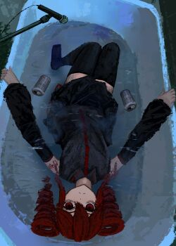Rule 34 | 1girl, absurdres, arm tattoo, beer can, black shirt, black skirt, black thighhighs, can, collared shirt, commentary request, detached sleeves, drill hair, drink can, hair between eyes, highres, in bathtub, kasane teto, looking at viewer, microphone, microphone stand, number tattoo, partially submerged, pleated skirt, red eyes, red hair, shirt, short hair, skirt, sleeveless, sleeveless shirt, solo, tattoo, thefatum, thighhighs, twin drills, utau