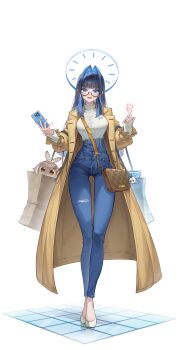 Rule 34 | 1girl, absurdres, bag, blue eyes, blue hair, blue pants, blunt bangs, blunt ends, boros (ouro kronii), breasts, brown coat, coat, colored inner hair, commentary, denim, english commentary, finger heart, full body, glasses, hair intakes, halo, high-waist pants, high heels, highres, hime cut, holding, holding phone, hololive, hololive english, jeans, large breasts, lazyfox, long hair, long sleeves, looking at viewer, multicolored hair, nanashi mumei, official alternate costume, official alternate hairstyle, ouro kronii, ouro kronii (casual), pants, paper bag, phone, shirt, shirt tucked in, shoes, shoulder bag, sidelocks, simple background, solo, straight-on, torn clothes, torn jeans, torn pants, trench coat, turtleneck, very long hair, virtual youtuber, white background, white shirt, white shoes