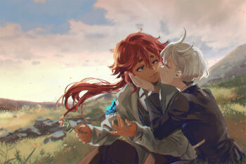 2girls black_jacket blue_butterfly blue_eyes bug butterfly cloud commentary day earrings falling_petals flower grass grey_jacket gundam gundam_suisei_no_majo hand_on_another's_face holding holding_flower imminent_kiss insect jacket jewelry long_hair mak_(kainemaru) miorine_rembran multiple_girls outdoors petals pink_flower red_hair shirt short_hair smile stud_earrings suletta_mercury thick_eyebrows white_hair white_shirt yuri