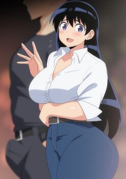 1boy 1girl arato_nagi belt belt_buckle black_belt black_hair blue_pants blurry blush breasts brown_belt buckle bulge buttons choppy_bangs cleavage commentary_request cowboy_shot curvy denim depth_of_field earrings erection erection_under_clothes eyes_out_of_frame flying_sweatdrops furrowed_brow grey_eyes grey_pants grey_shirt hair_between_eyes hand_in_pocket hand_up hara_(harayutaka) head_out_of_frame highres jeans jewelry large_breasts long_hair looking_at_viewer nervous_sweating open_mouth pants partially_unbuttoned ruri_no_houseki shirt solo_focus stud_earrings sweat very_long_hair waving white_shirt