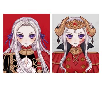 Rule 34 | 1girl, absurdres, blonde hair, blood, blood on face, cape, capelet, chinese commentary, closed mouth, collared cape, commentary request, donglizi1011, double bun, dual persona, edelgard von hresvelg, edelgard von hresvelg (timeskip), expressionless, fake horns, fire emblem, fire emblem: three houses, hair bun, hair ribbon, hair up, headpiece, highres, horns, light blush, light smile, looking at viewer, nintendo, official alternate costume, official alternate hairstyle, parted bangs, purple eyes, purple ribbon, red cape, red capelet, ribbon, standing, upper body